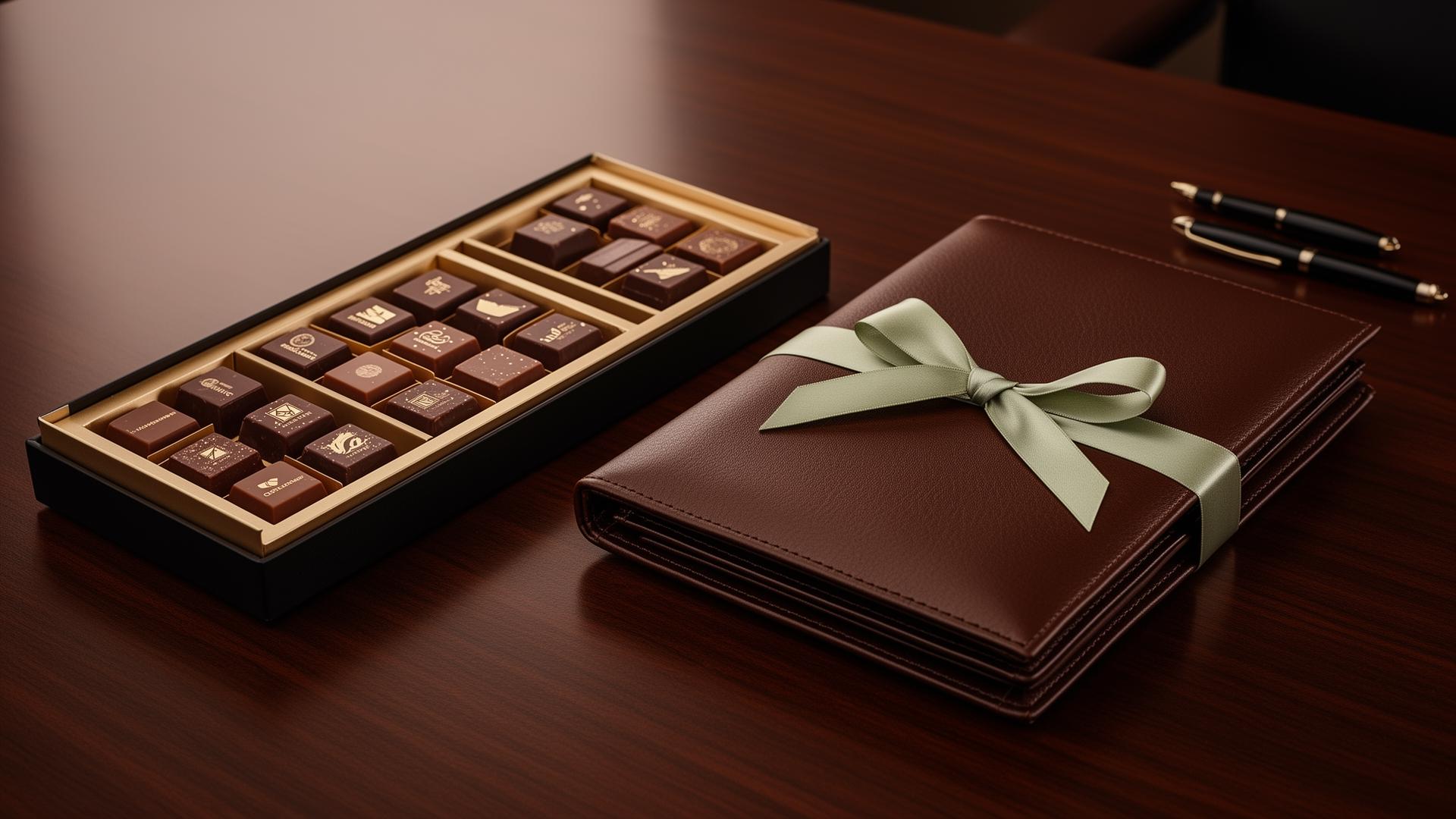 Caixa premium de chocolates Dom Casero ao lado de portfólio executivo em mesa de madeira escura